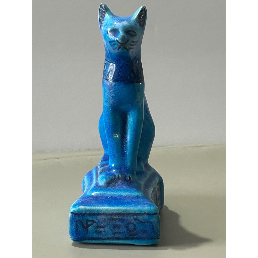 Vintage Egyptian Bastet Cat Figurine Blue Faience Ceramic Statue‎ Hieroglyphs